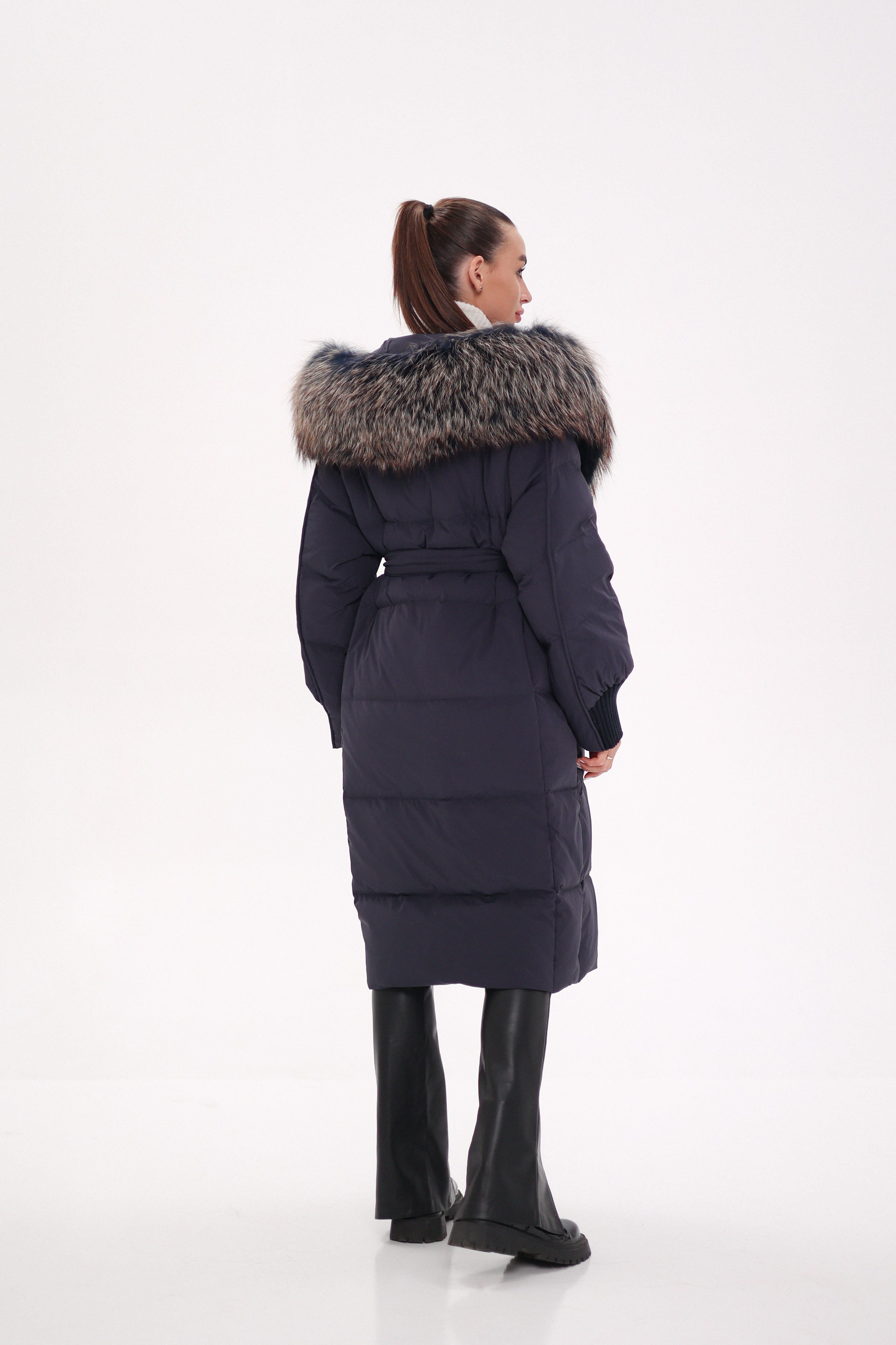 Rei Genuine Fur Trim Hooded Down Coat in Navy - SJB-DIAMOND ELITES