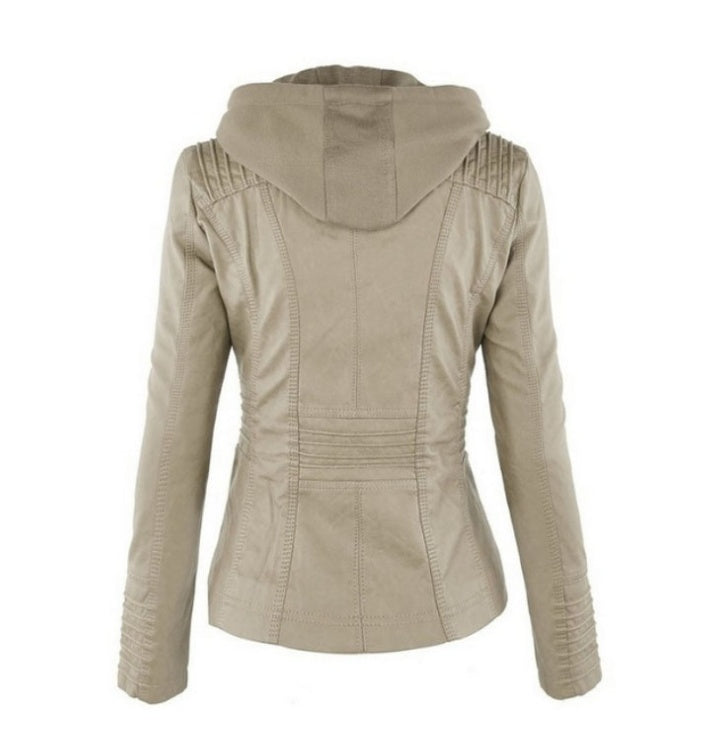 Fashion Detachable Hooded Jacket With Pockets Casual Solid Color Zipper Long Sleeve Leather Coat Autumn Winter Women's Clothing Pi-Mart