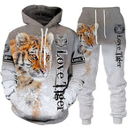 Tiger 3D Print Hooded Men's Sweatshirt Set