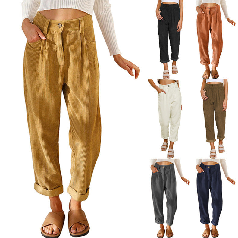 Women's High Waist Pure Color Corduroy Casual Pants Pi-Mart