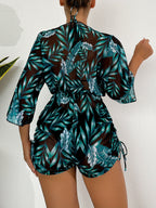 Island Bloom 3-Piece Bikini Set for Women – Tropical Leaf Print Fluttering Swimwear with Flattering Halter Neck Top High Waist Bottoms & Adjustable Drawstring Cover Up – Perfect for Koningsdag Celebrations & Summer Adventures
