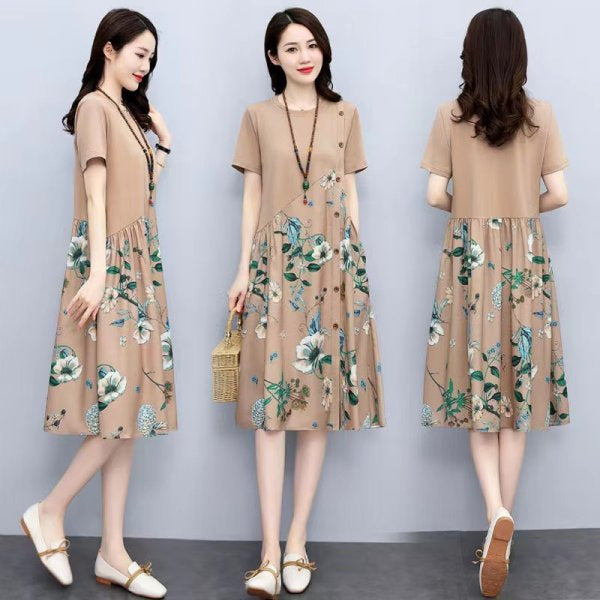 Retro Printed Fat Slim Fit Slimming Loose Casual Patchwork Dress Lootquake LLC