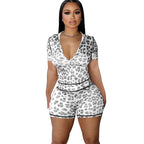 FAGADOER Sexy Leopard Contrast Letter Print Woman 2 Piece Set Outfit Short Sleeve Crop Jacket+Skinny Flare Pants Suit Streetwear Purplish Diva