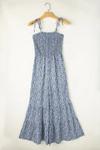 Dusk Blue Floral Print Spaghetti Straps Smocked Wide Leg Jumpsuit