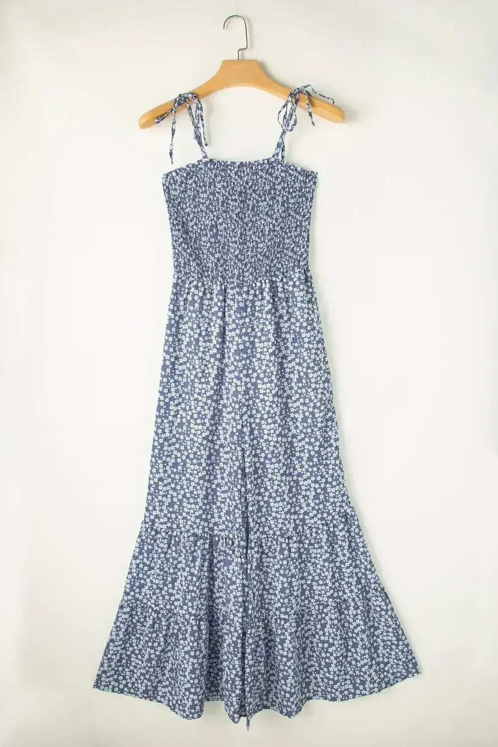 Dusk Blue Floral Print Spaghetti Straps Smocked Wide Leg Jumpsuit