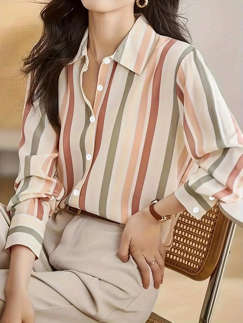 Ladies' Long-sleeved Striped Printed Versatile Casual Shirt - SJB-DIAMOND ELITES