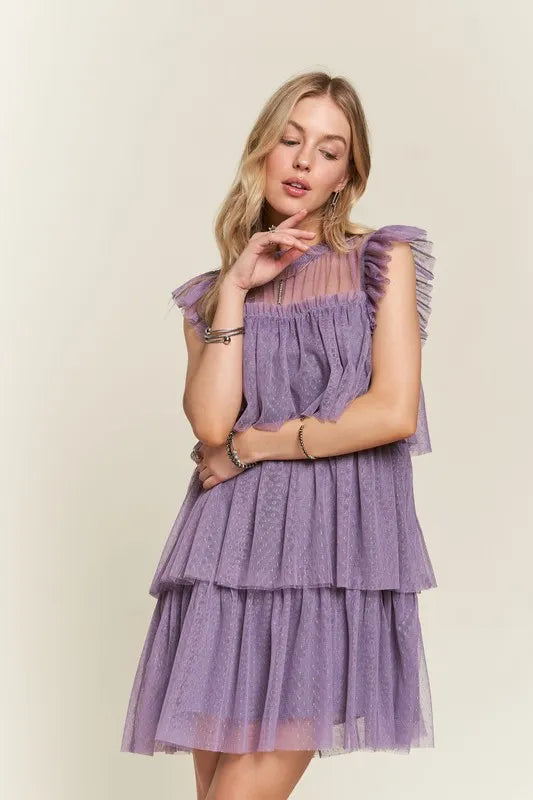Layered Ruffled Cap Sleeve Mesh Dress For Women – Romantic Mesh Dress with Lace & Ruffled Layers for Elegant Parties & Special Events Stevvex
