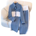 Two Piece Sets Women Pant Set Denim Splice Matching Sets Spring Top Wide Leg Long Pants Casual Loose Lace Up High Waist Jogger Purplish Diva