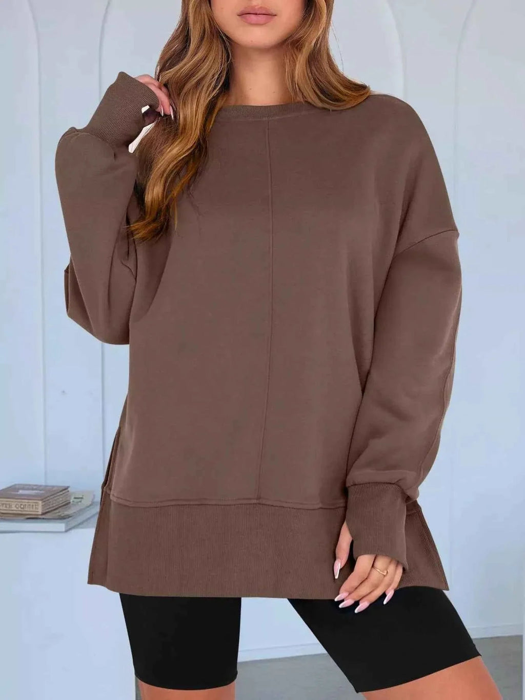 Side Slit Round Neck Long Sleeve Sweatshirt THRIXINE
