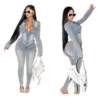 Denim Pant Set Women Two Piece Sets Matching Sets Zipper Short Tops Coats Long Pants High Waist Slim Fit Y2k Streetwear 2025 Purplish Diva