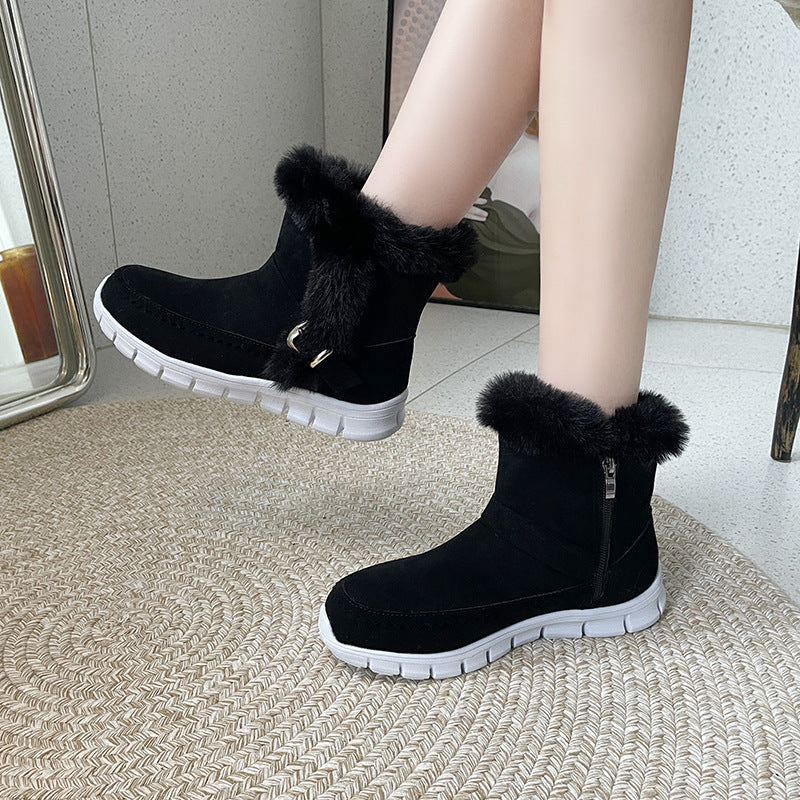 New Snow Boots Winter Warm Thickened Solid Color Plush Ankle Boots With Buckle Design Plus Velvet Flat Shoes For Women Pi-Mart