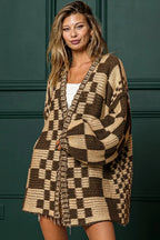 Taupe Colorblock Checked Open Front Knitted Cardigan