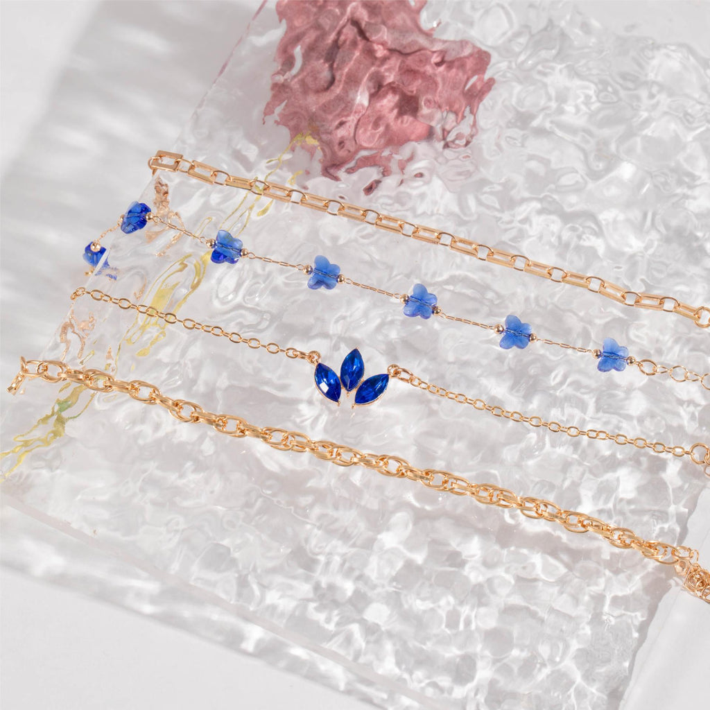 4pcs Blue Flower Love Butterfly Bracelet Set With Rhinestones Design Valentines Day Pi-Mart
