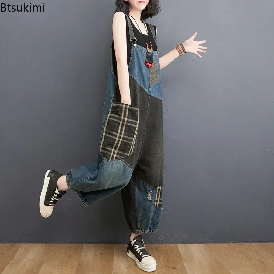 Oversized Denim Straps Pants Women's Fashion Plaid Patchwork Jumpsuits Casual Loose Ladies Wide Leg Reducing Age Jeans Rompers Purplish Diva