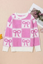 Pink Bow Knot Two Tone Checkered Crew Neck Sweater - SJB-DIAMOND ELITES