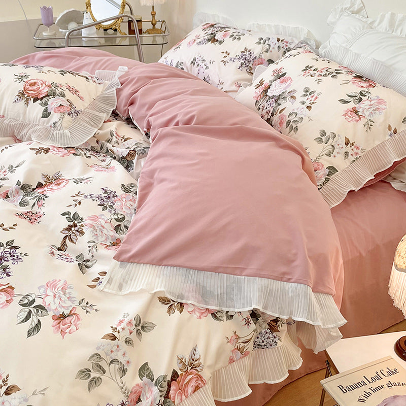 Washed Cotton Small Floral Quilt Cover, Four Piece Bed Sheet Set Pi-Mart