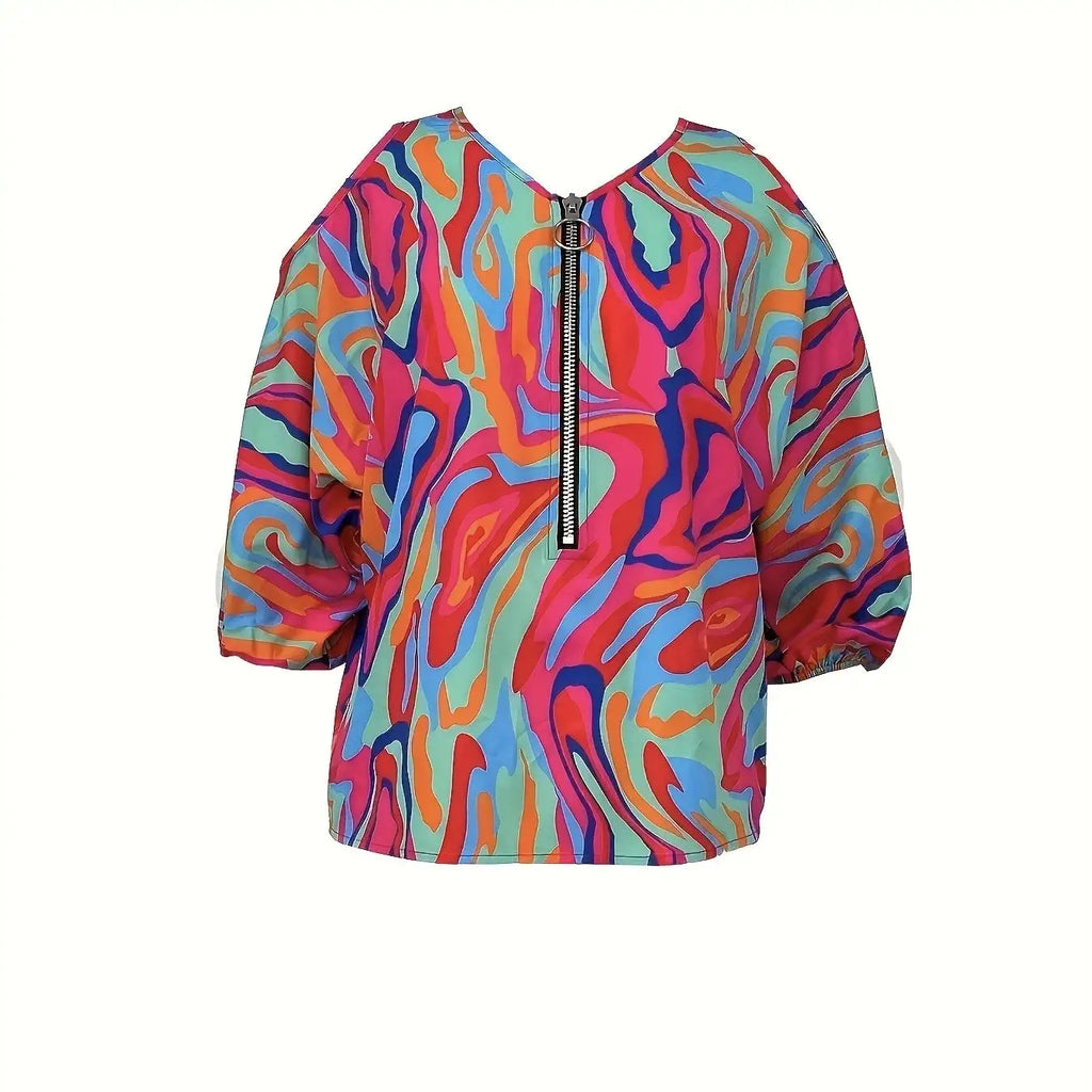 Ladies' Printed Off Shoulder V-neck Zipper Lantern Top - SJB-DIAMOND ELITES