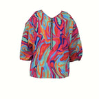 Ladies' Printed Off Shoulder V-neck Zipper Lantern Top - SJB-DIAMOND ELITES