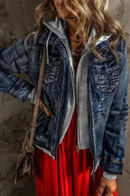 Black Fake Two-Piece Hooded Zip-Up Denim Jacket
