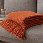 1pc Knit Throw Blanket Long Tassel Lightweight Blanket Bubble Textured Soft Blanket For Bed Couch Sofa Chair Outdoor Picnic All Season Use Orange Lootquake LLC