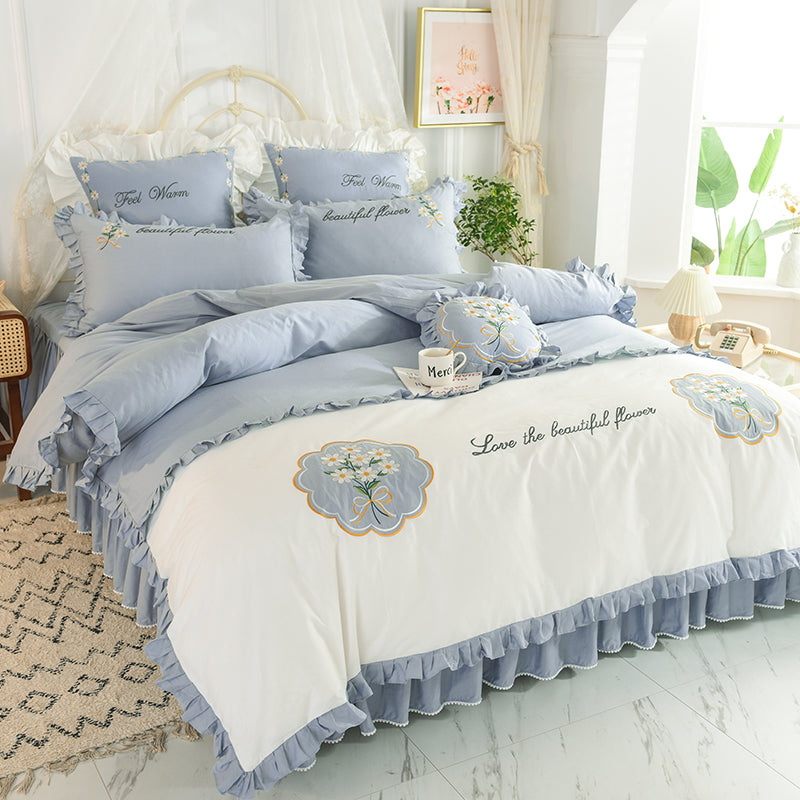 Summer Ruffled Cotton Four-piece Set Girl Heart Embroidery Flower Quilt Cover Pi-Mart