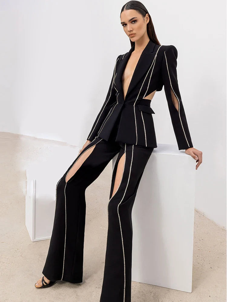 HIGH STREET Newest Fashion 2024 Designer Suit Set Women's Single Button Hollow Out Diamonds Beaded Blazer Flare Pants Set Purplish Diva