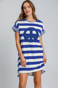 Peace Applique Striped Short Sleeve Mini Dress – Fun Peace Sign Detail, Striped Pattern, High-Low Design for a Trendy and Versatile Look Stevvex
