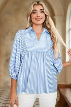 Sky Blue Striped Ric Rac Trim Collared V Neck Blouse