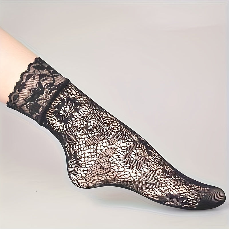 6 Pairs Floral Lace Fishnet Socks, Ultra-thin Ankle Socks, Women's Stockings & Hosiery