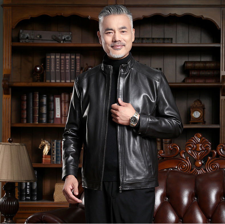 Men's PU Leather Jacket - Classic Lapel Collar Coat for Middle-Aged Men Pi-Mart