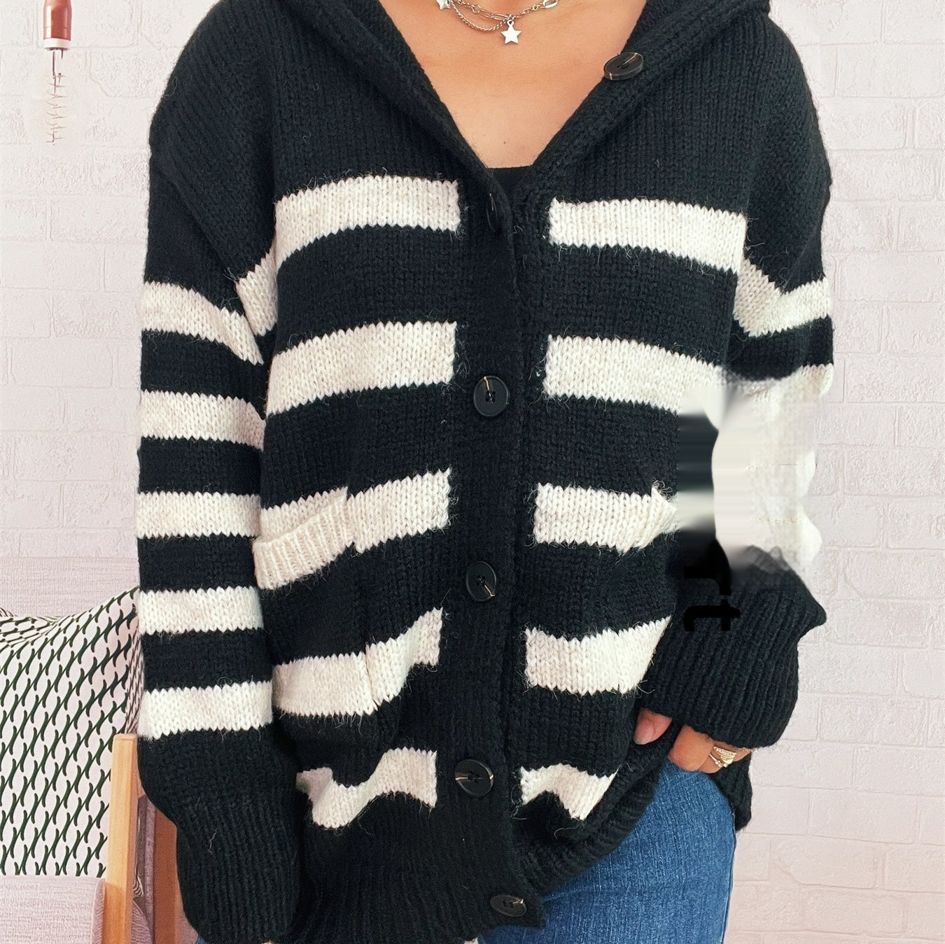 Casual Loose Plus-sized Hooded Single-breasted Long Sleeve Sweater For Women Pi-Mart