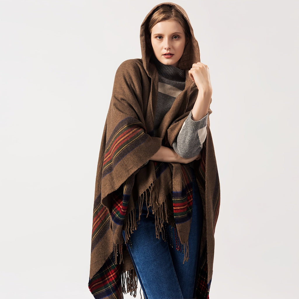 Oversized Scottish Hooded Cardigan - Fashionable Striped Shawl with Luxurious Tassels - Cozy, Windproof & Coldproof for Autumn Winter Outdoors - A Plush Blanket Shawl Cloak Lootquake LLC