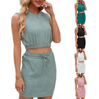 Wave Pattern Design Suit For Women Round Neck Sleeveless Top And Drawstring Design Short Skirt Fashion 2-piece Set Summer Clothing Pi-Mart