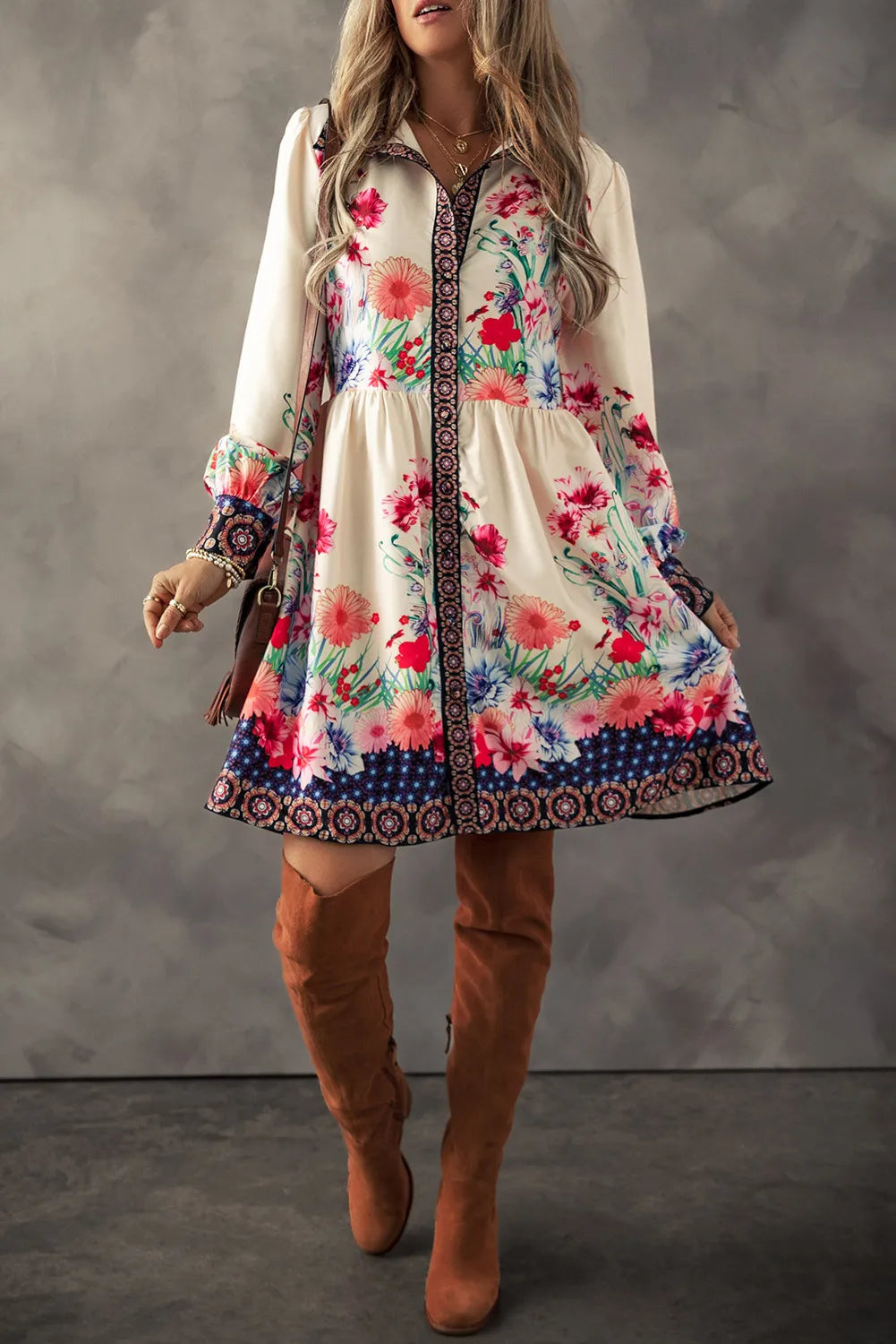 Vintage Flower Button Down Lantern Sleeve Dress Feminine Floral Dress For Women Stevvex