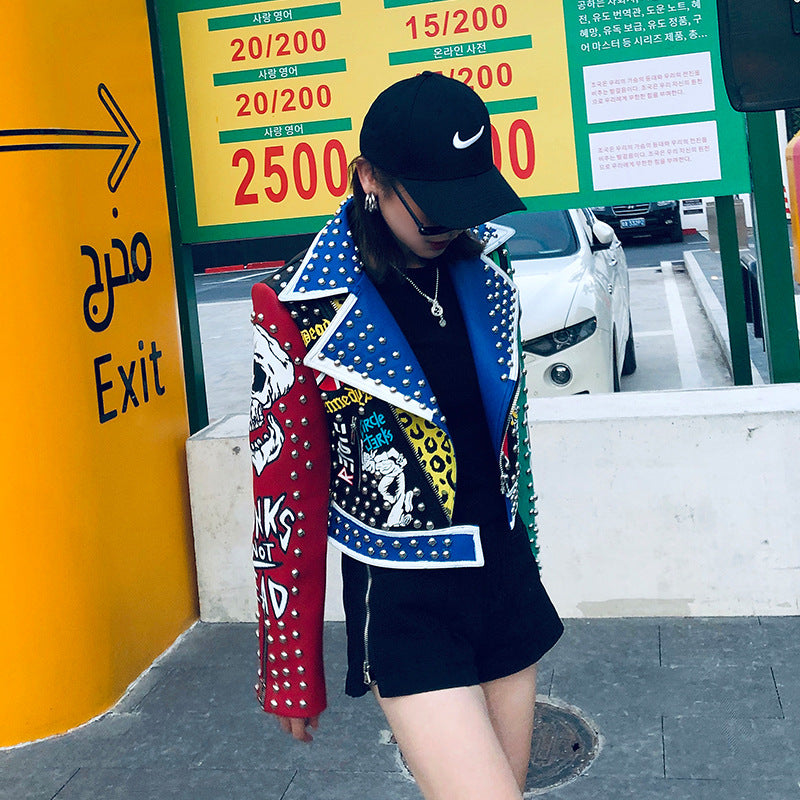 Rivet leather jacket jacket short top Pi-Mart