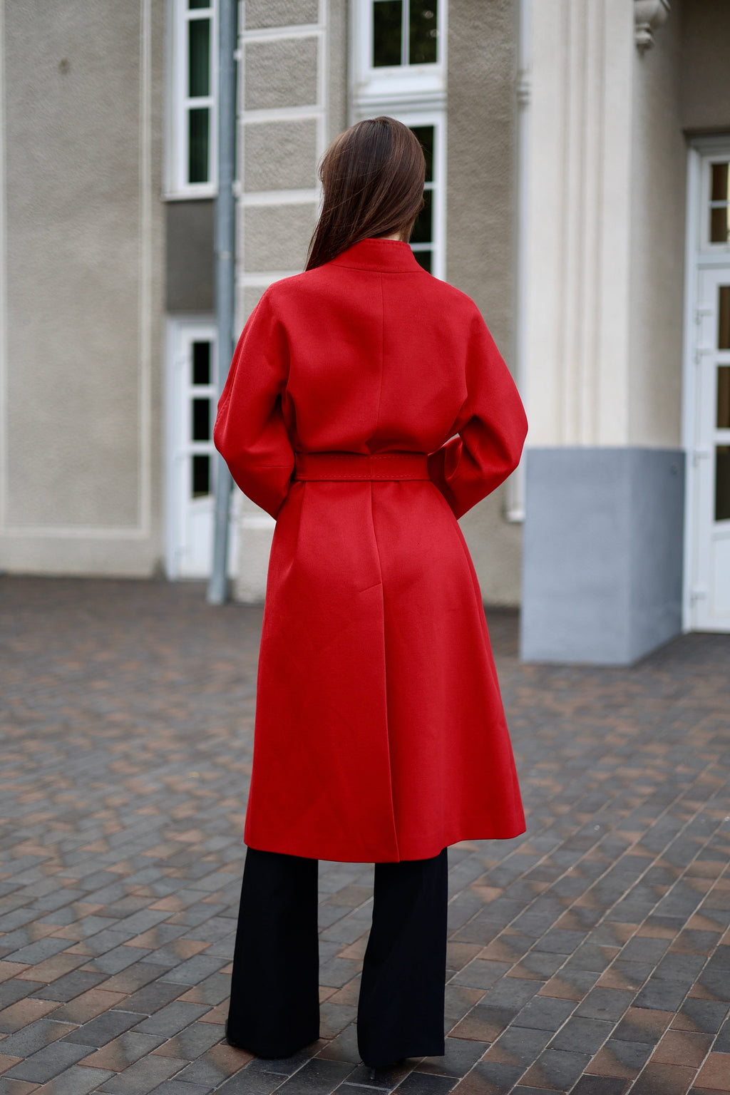 Band Collar Wool Blend Coat in Autumn Red - SJB-DIAMOND ELITES