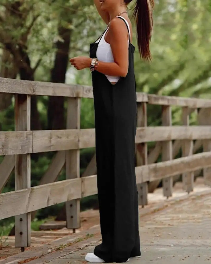 Women's Sleeveless Jumpsuit With Pockets And Adjustable Shoulder Strap Fashion Loose Wide Leg Straight Overalls Summer Beach Trousers - SJB-DIAMOND ELITES