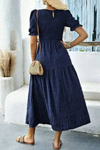 Sail Blue Solid Textured Smocked High Waist Midi Dress