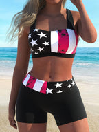 Bikini American Flag Print 2 Piece Criss Cross Halter Swimsuit for Women – High Stretch Patriotic Bikini Set with Ring Knot Back and Boxer Shorts Bottoms – Comfortable Summer Swimwear for Beach Pool and 4th of July Celebrations Stevvex