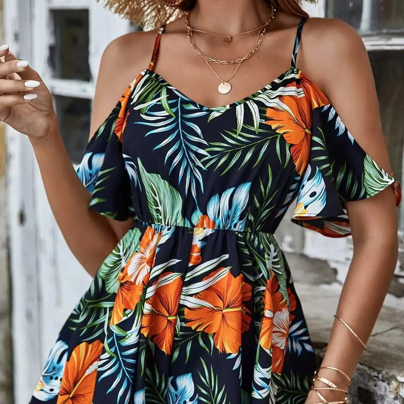 Ladies' Camisole, Off Shoulder, Hanging Pleats, Lotus Leaf Sleeves, Floral Tropical Print, Vacation Style Jumpsuit - SJB-DIAMOND ELITES