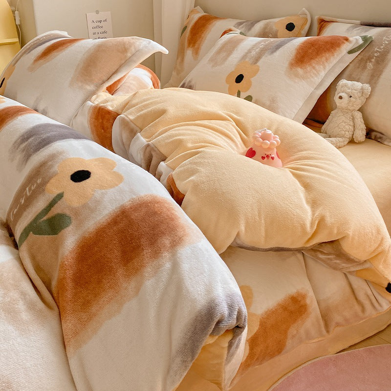 Winter Thickening Milk Fiber Bed Four-piece Coral Velvet Quilt Cover Flange Double-sided Bed Sheet Three-piece Bedding Pi-Mart