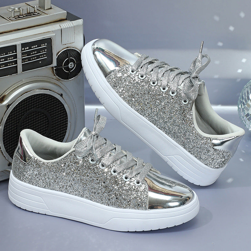 Glitter Sequin Design Flats Shoes Women Trendy Casual Thick-soled Lace-up Sneakers Fashion Skateboard Shoes Pi-Mart
