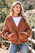 Solid Sherpa Fleece Zip Up Hooded Jacket THRIXINE