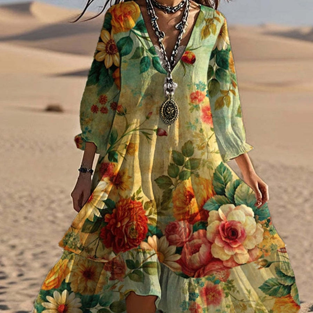 Fashion Flower Printed V-neck Mid-length Dress Lootquake LLC