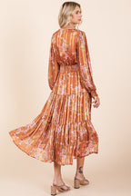 Flower Print Satin Lurex Stripe Smocked Midi Summer Dress – Elegant Midi Dress, Satin Lurex Dress, Floral Dress, Smocked Waist Dress, Romantic Midi Dress, Special Occasion Dress Stevvex