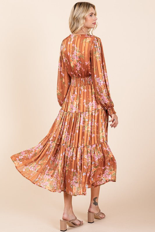 Flower Print Satin Lurex Stripe Smocked Midi Summer Dress – Elegant Midi Dress, Satin Lurex Dress, Floral Dress, Smocked Waist Dress, Romantic Midi Dress, Special Occasion Dress Stevvex