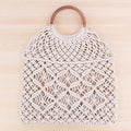 Popula Cotton Rope Hollow Straw Bag Sheer Macrame Tote wooden ring rattan handle Net Bag Vintage Retro Chic handbag Pi-Mart