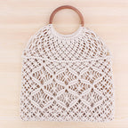 Popula Cotton Rope Hollow Straw Bag Sheer Macrame Tote wooden ring rattan handle Net Bag Vintage Retro Chic handbag Pi-Mart