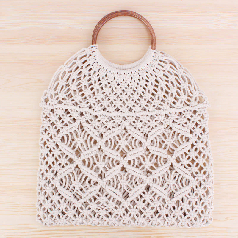 Popula Cotton Rope Hollow Straw Bag Sheer Macrame Tote wooden ring rattan handle Net Bag Vintage Retro Chic handbag Pi-Mart