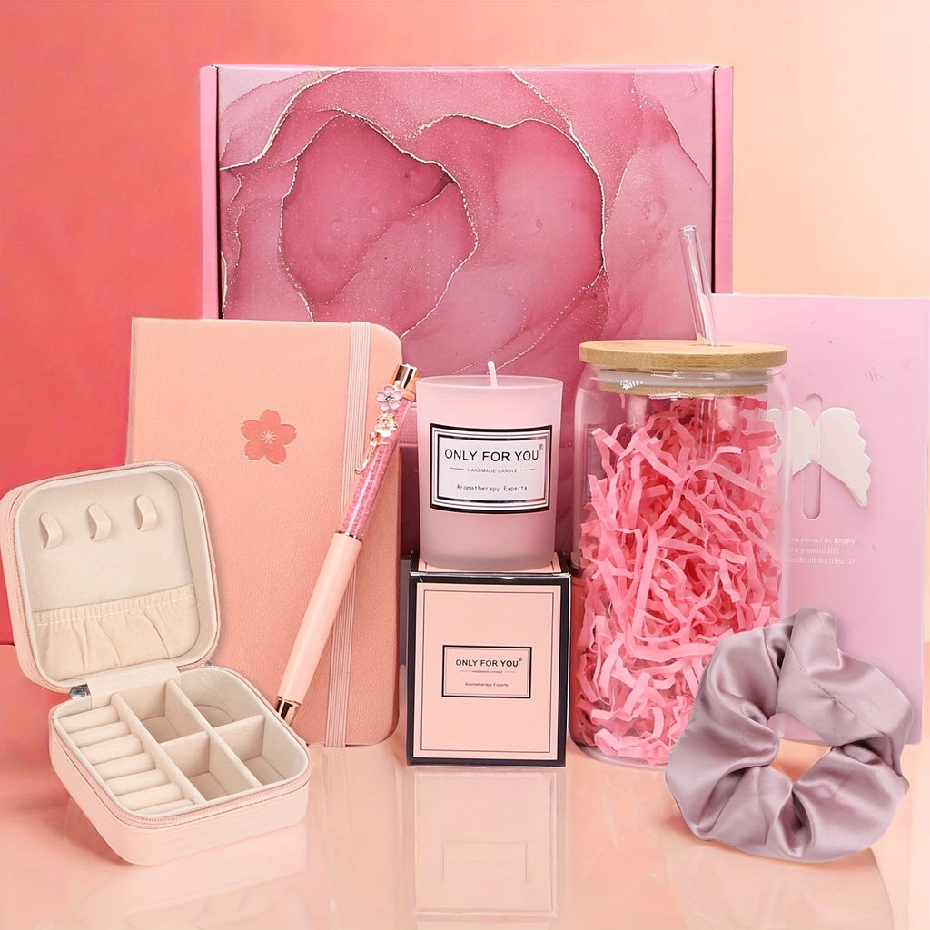 Gift Box Set For Women, Mother'S Day Gifts For Daughters And Mothers, Valentine'S Day Gifts For Wife And Girlfriend, Gift For Women'S Best Friends And Sisters, Included Scented Candle, Jewelry Case, Glass Cup, Notebook & Crys